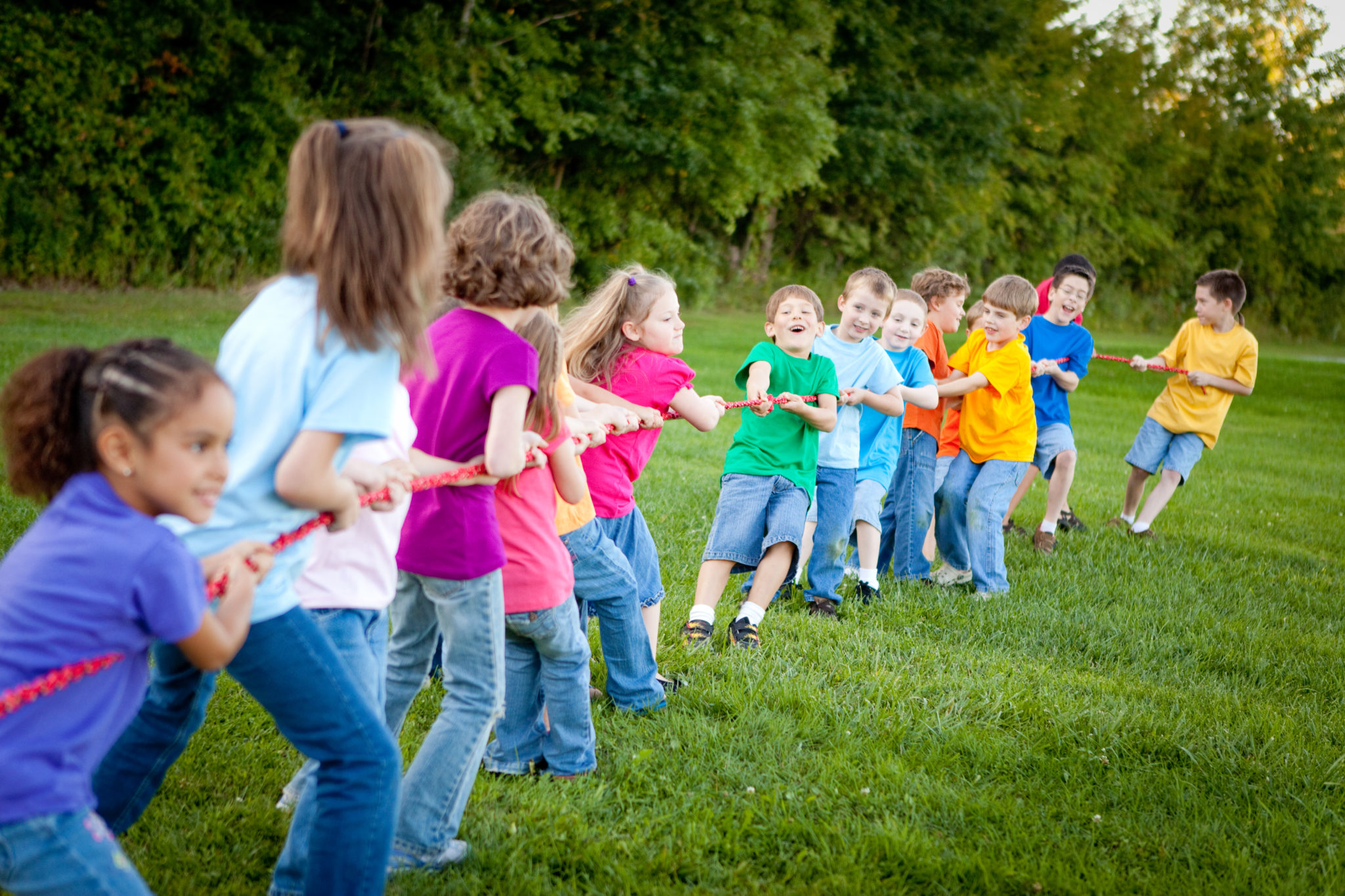 Color stock photo of a girls versus boys Tug of War game outside.